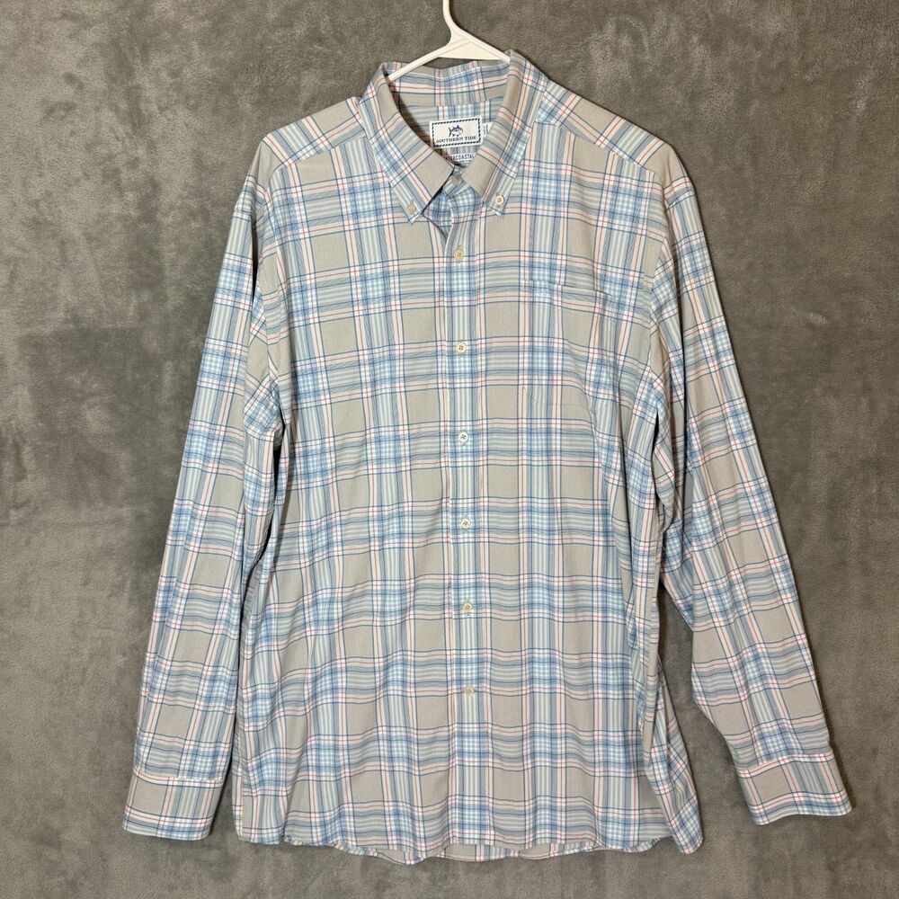 Southern Tide Intercoastal Men's L Gray Blue Plaid Long Sleeve Button Down Shirt